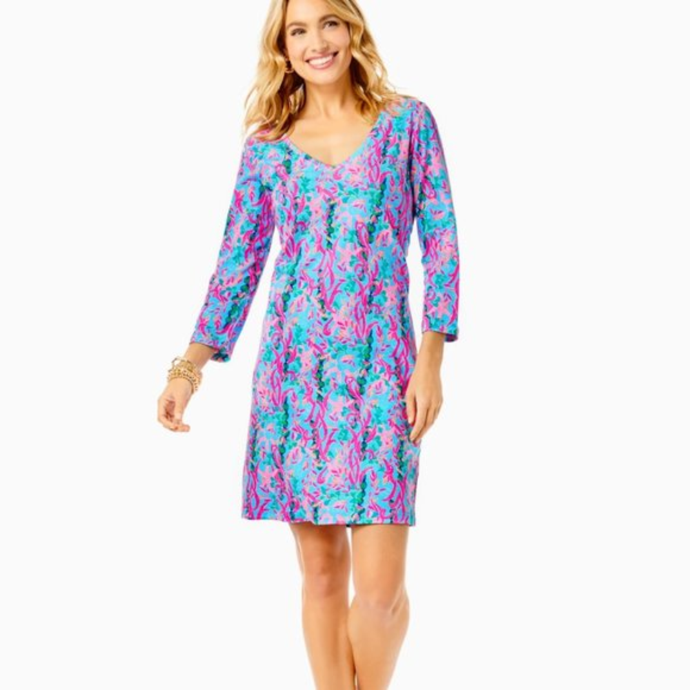 NWT Lilly Pulitzer Tessa Dress Multi Seaweed‎ Samba Print 3/4 Sleeve V-Neck Sz L